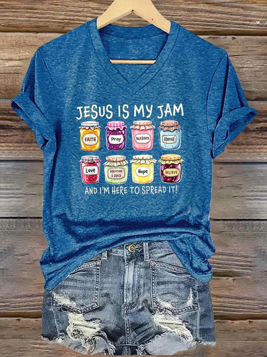 Women's Christian Jesus Is My Jam And I'm Here To Spread It Print Casual V-Neck Tee