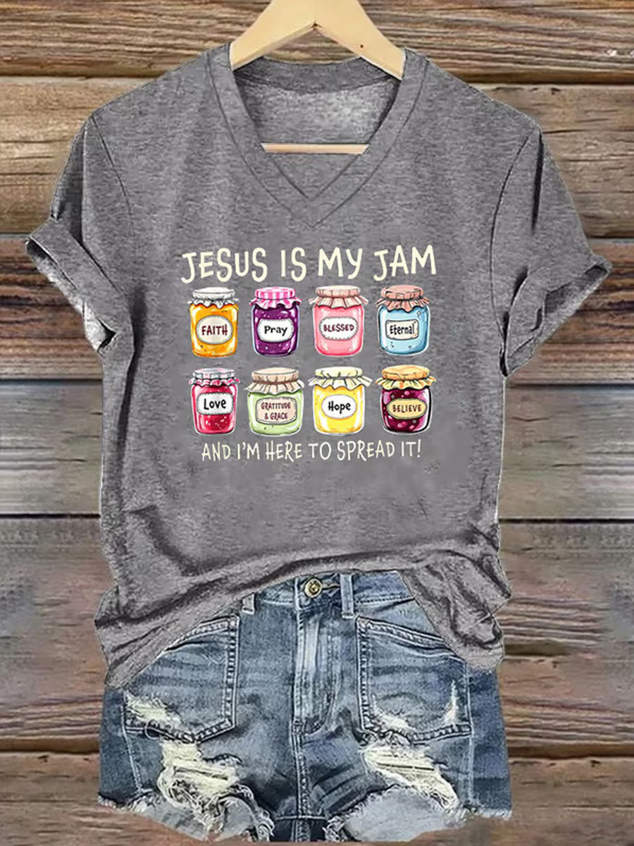 Women's Christian Jesus Is My Jam And I'm Here To Spread It Print Casual V-Neck Tee