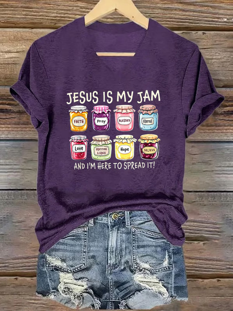 Women's Christian Jesus Is My Jam And I'm Here To Spread It Print Casual V-Neck Tee