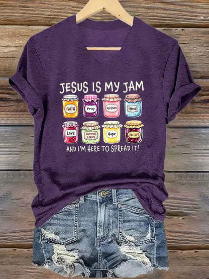 Women's Christian Jesus Is My Jam And I'm Here To Spread It Print Casual V-Neck Tee