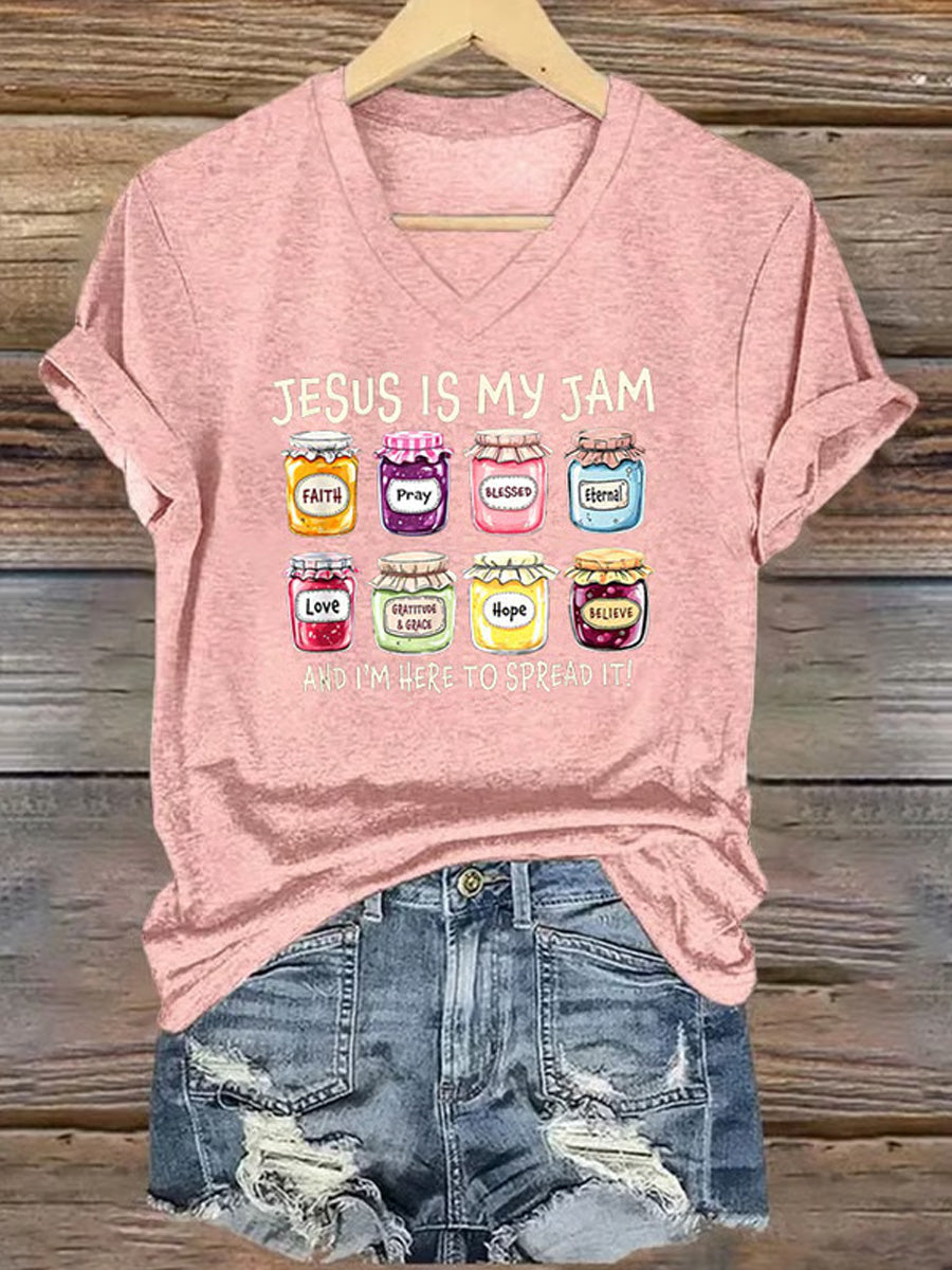 Women's Christian Jesus Is My Jam And I'm Here To Spread It Print Casual V-Neck Tee