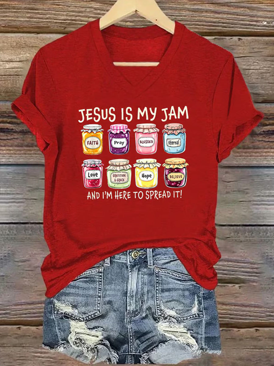 Women's Christian Jesus Is My Jam And I'm Here To Spread It Print Casual V-Neck Tee