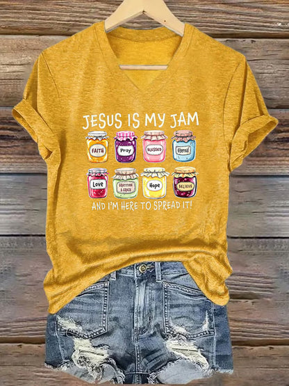 Women's Christian Jesus Is My Jam And I'm Here To Spread It Print Casual V-Neck Tee
