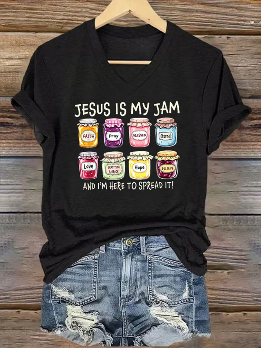 Women's Christian Jesus Is My Jam And I'm Here To Spread It Print Casual V-Neck Tee