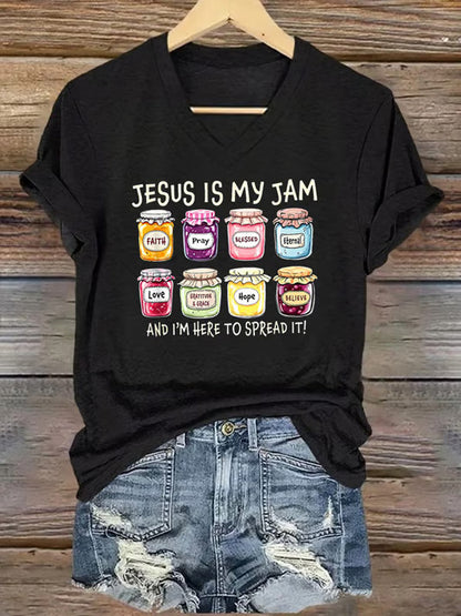 Women's Christian Jesus Is My Jam And I'm Here To Spread It Print Casual V-Neck Tee