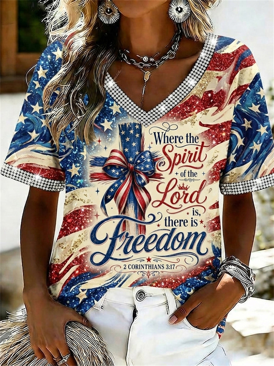 Women's Where the Spirit of the Lord is There is Freedom Cross American Flag Print T-shirt
