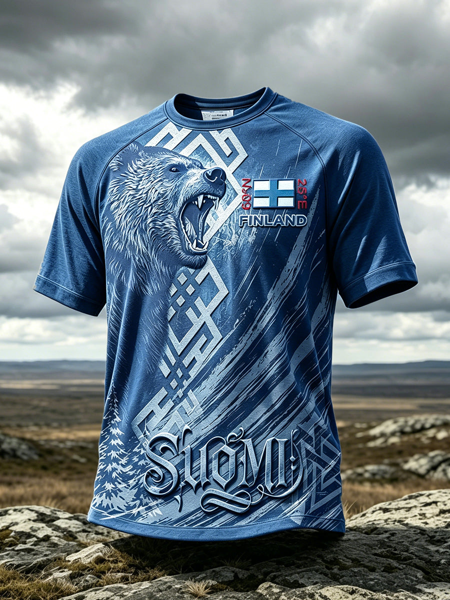 Men’s Finnish Viking Wilderness Spirit Bear Print Casual T-shirt