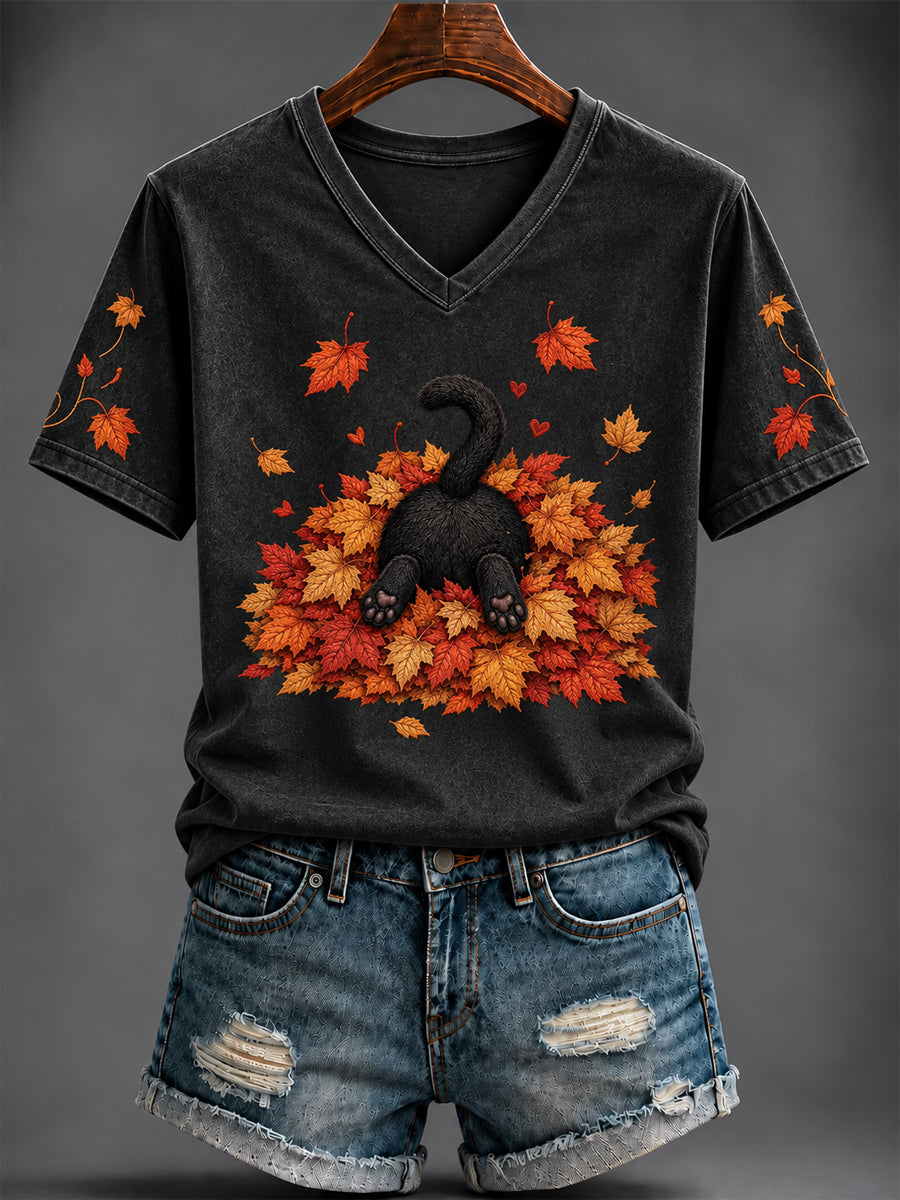 Women's Halloween Cute Cat Printed V-neck T-shirt