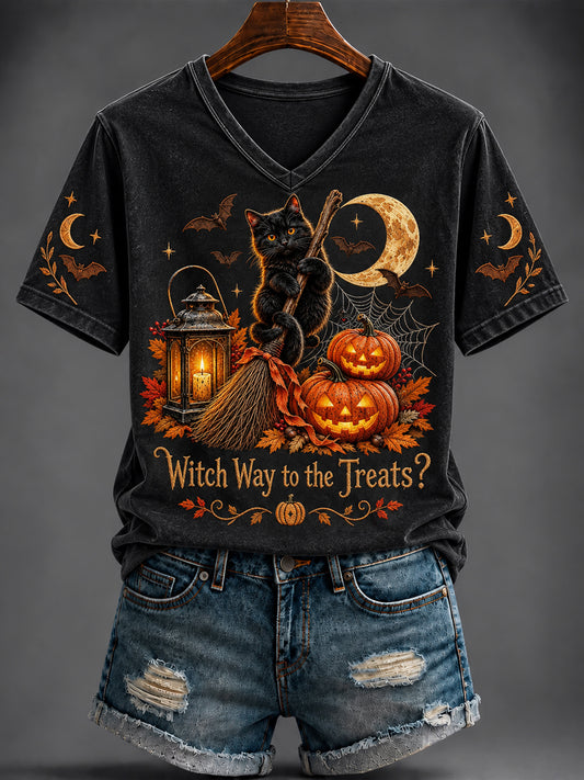 Women's Halloween Cute Cat Printed V-neck T-shirt