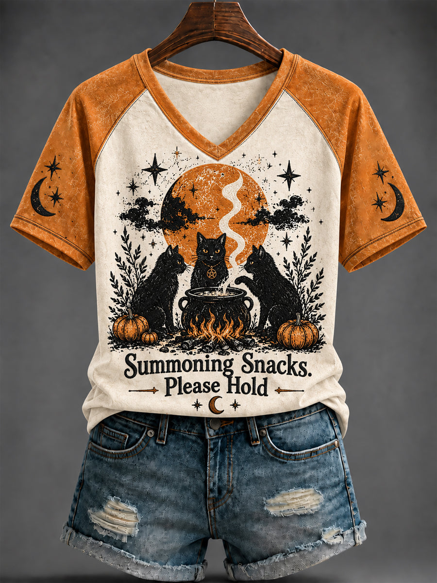 Women's Halloween Cute Cat Printed V-neck T-shirt