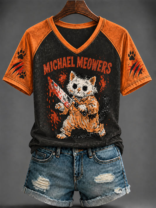 Women's Halloween Cute Cat Printed V-neck T-shirt
