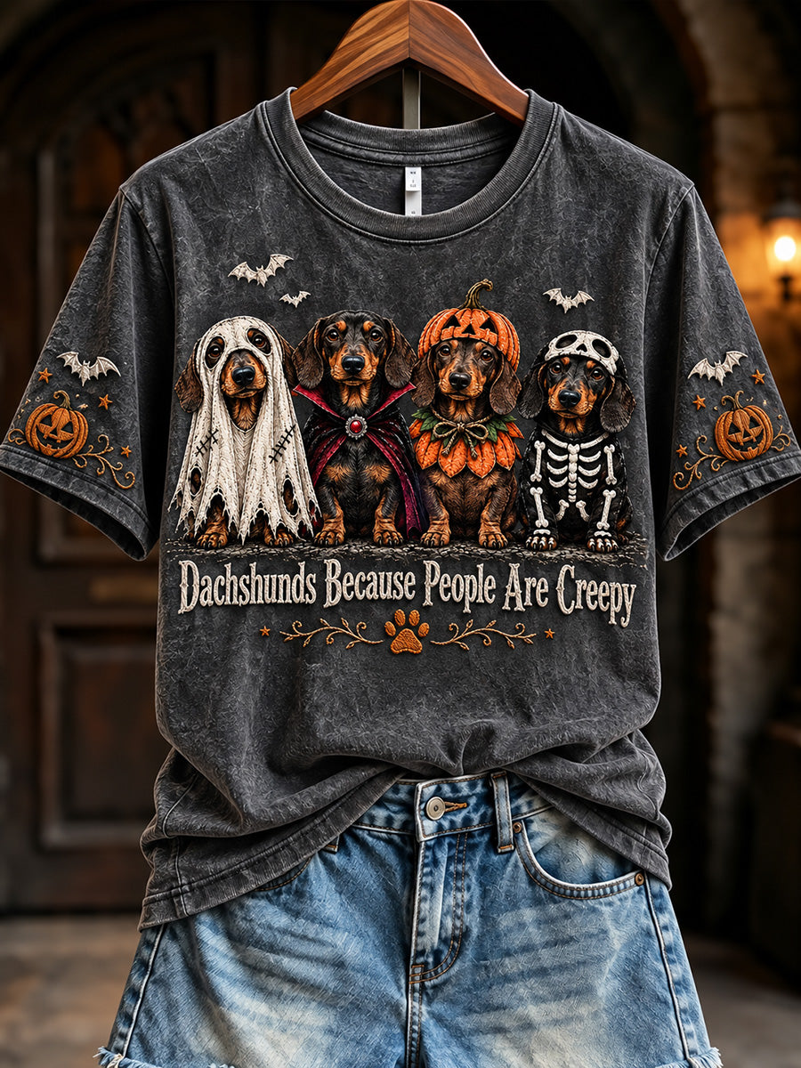 Women's Vintage Halloween Dachshunds Because People Are Creepy Print Short-sleeved T-shirt