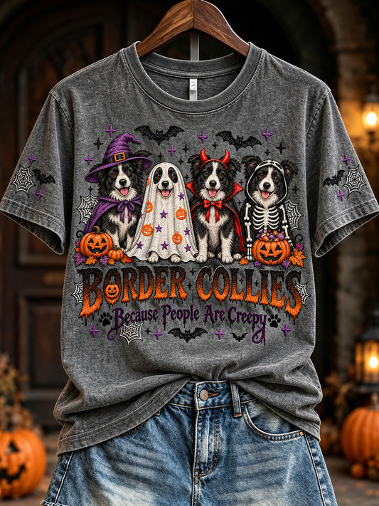 Women's Vintage Halloween Border Collies Because People Are Creepy Print Short-sleeved T-shirt