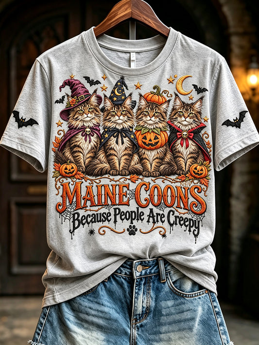 Women's Vintage Halloween Maine Coons Because People Are Creepy Print Short-sleeved T-shirt