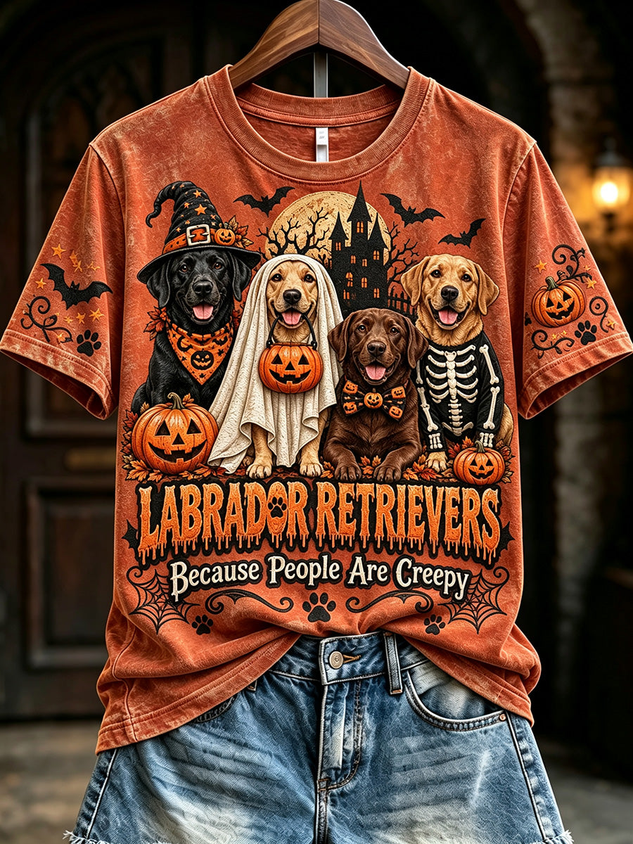 Women's Vintage Halloween Labradors Because People Are Creepy Print Short-sleeved T-shirt