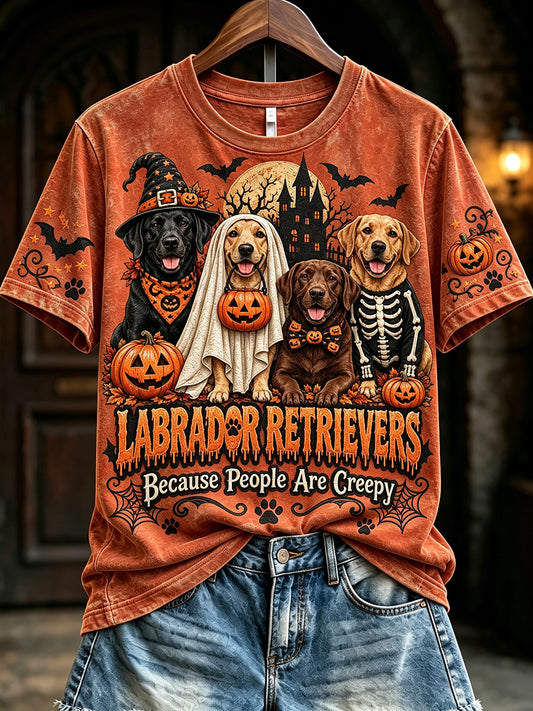 Women's Vintage Halloween Labradors Because People Are Creepy Print Short-sleeved T-shirt