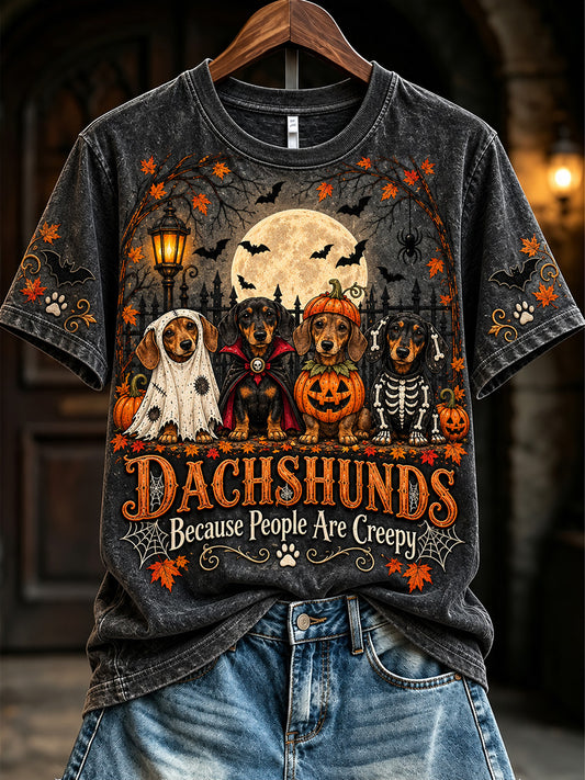 Women's Vintage Halloween Dachshunds Because People Are Creepy Print Short-sleeved T-shirt