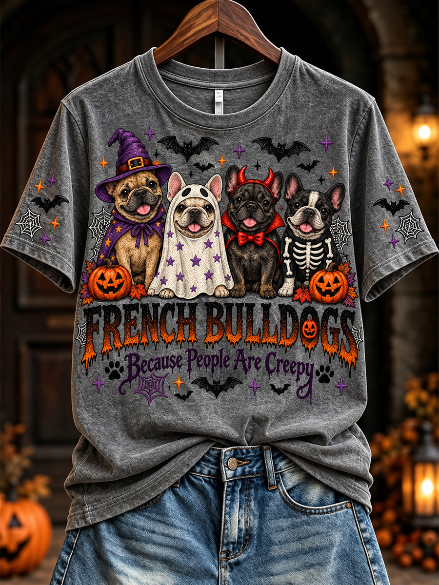 Women's Vintage Halloween French Bulldogs Because People Are Creepy Print Short-sleeved T-shirt
