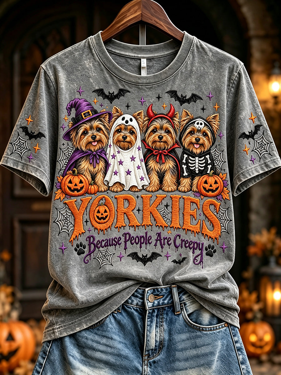Women's Vintage Halloween Yorkires Because People Are Creepy Print Short-sleeved T-shirt