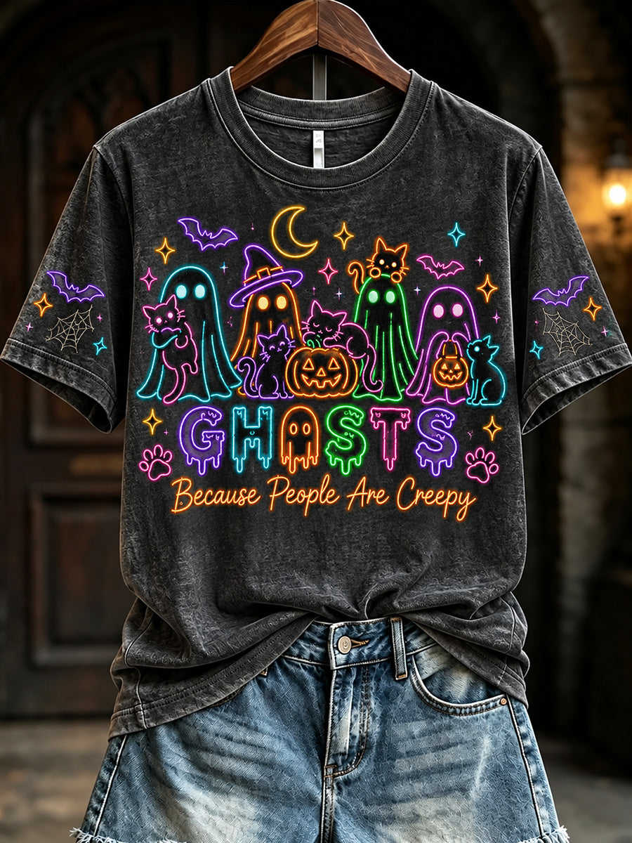 Women's Vintage Halloween Ghosts Because People Are Creepy Print Short-sleeved T-shirt