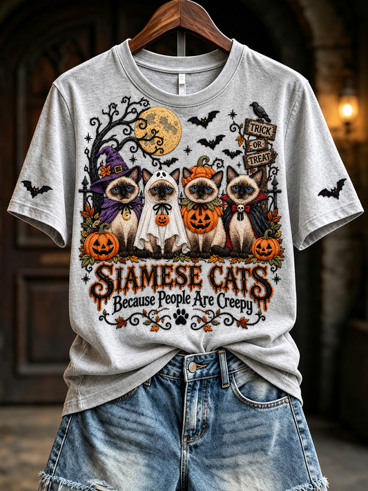 Women's Vintage Halloween Siamese Cats Because People Are Creepy Print Short-sleeved T-shirt