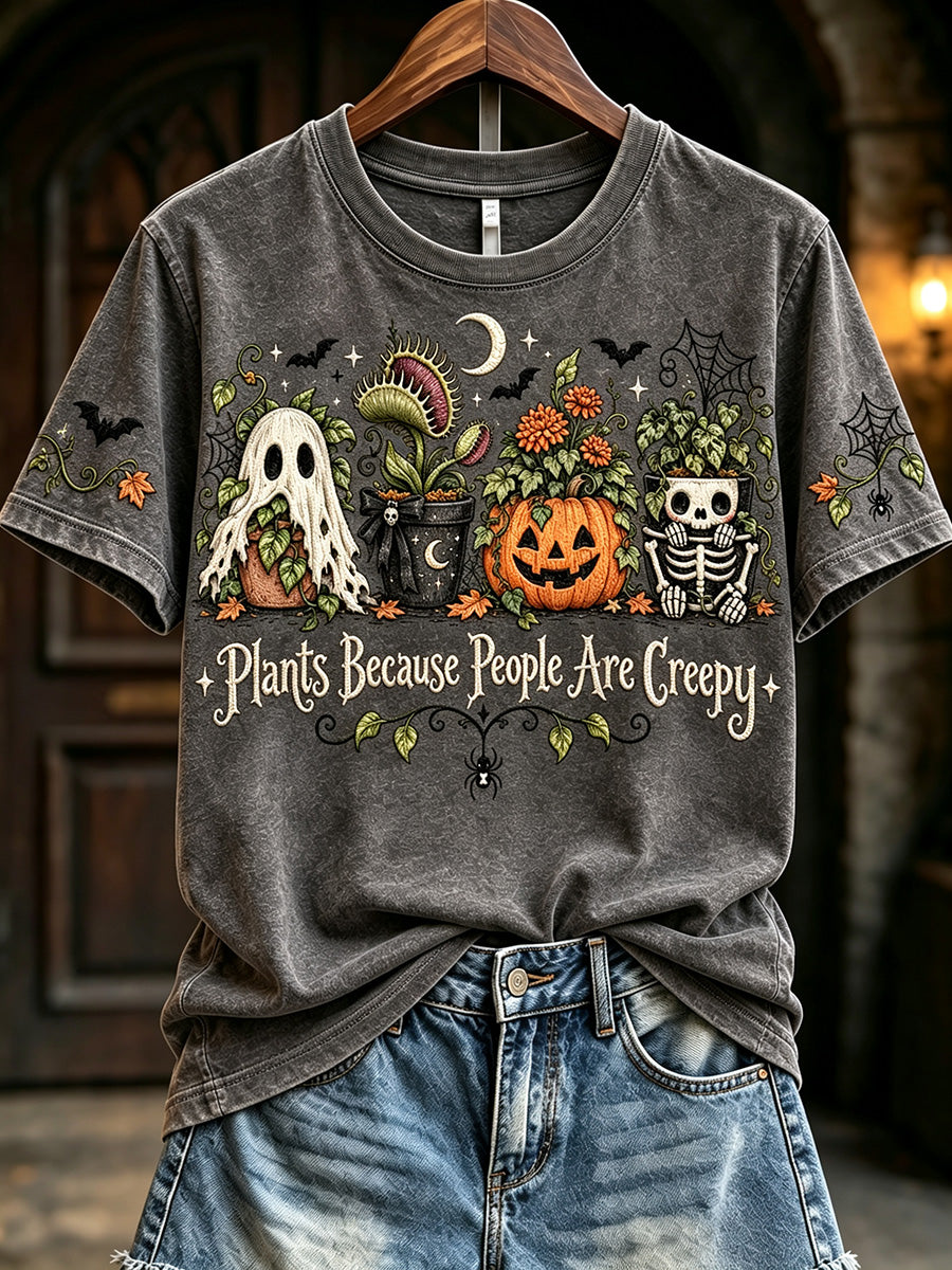 Women's Vintage Halloween Plants Because People Are Creepy Print Short-sleeved T-shirt