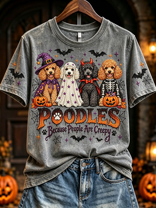 Women's Vintage Halloween Poodles Because People Are Creepy Print Short-sleeved T-shirt