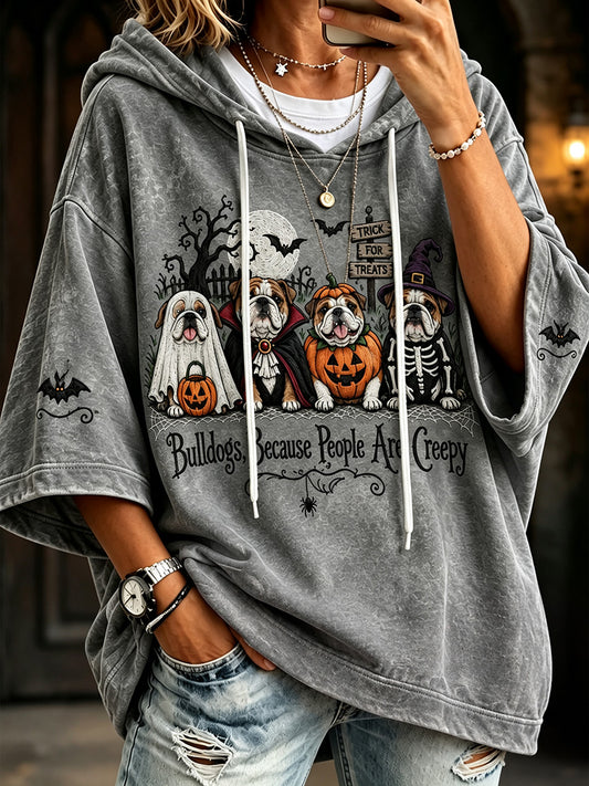 Women's Vintage Halloween Bulldogs Because People Are Creepy Print Cozy Hoodie