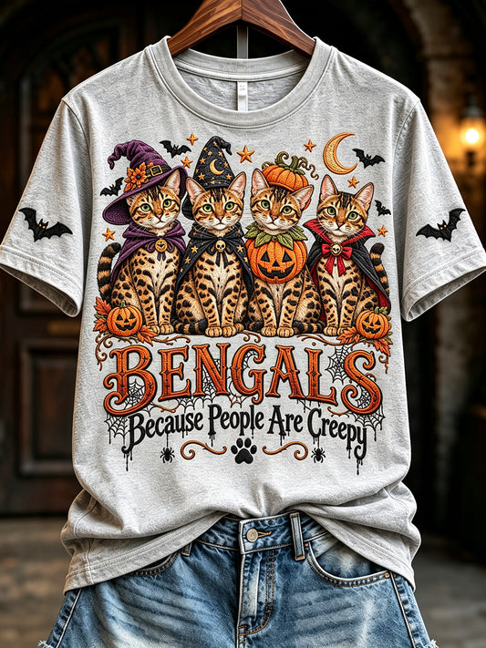 Women's Vintage Halloween Bengals Because People Are Creepy Print Short-sleeved T-shirt