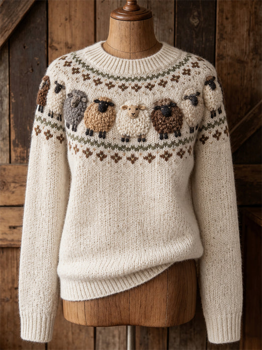 Women's Vintage Fuzzy Sheep Yoke Isle Print crew neck sweater