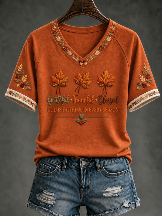 Women's Happy Thanksgiving Printed V-neck T-shirt