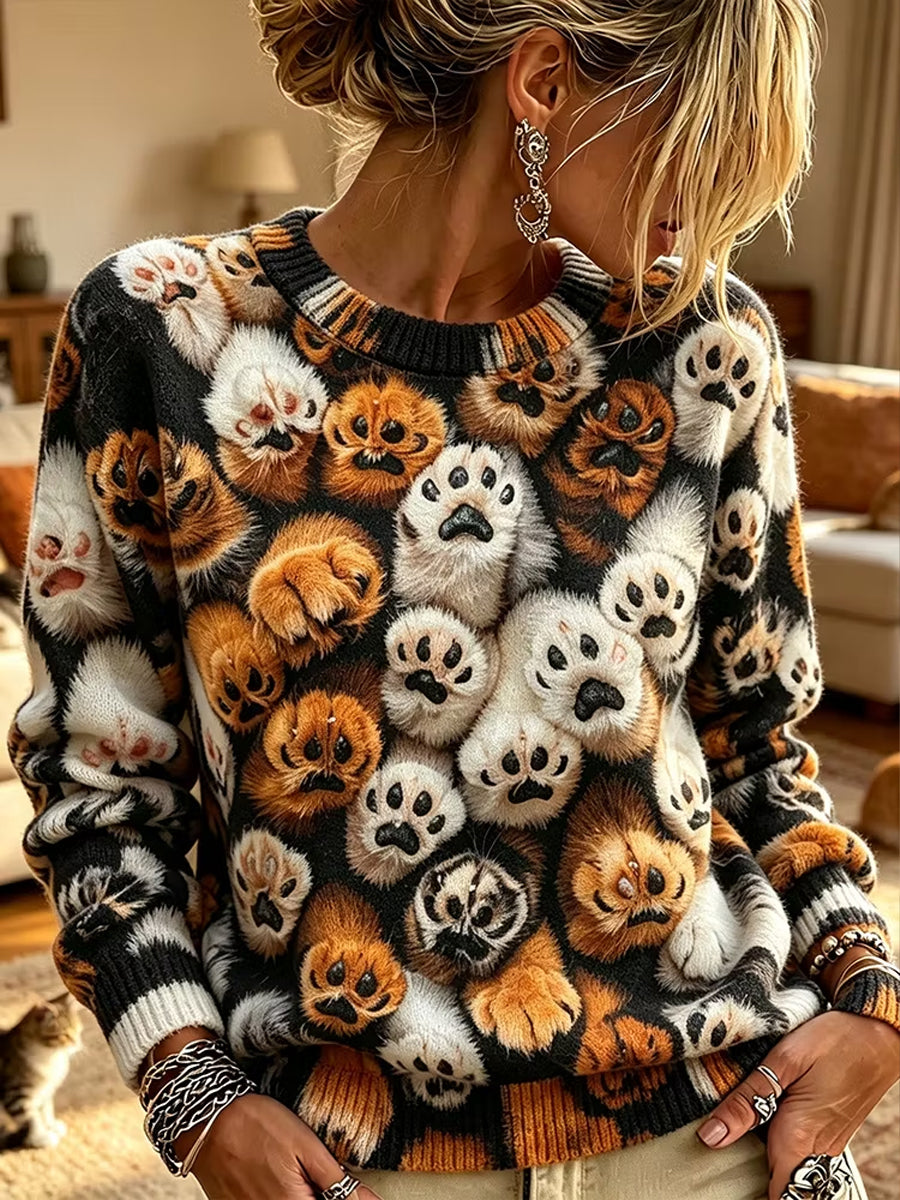 Women's Cute Multicolor Cat Paws Print Artistic Crew Neck Sweater