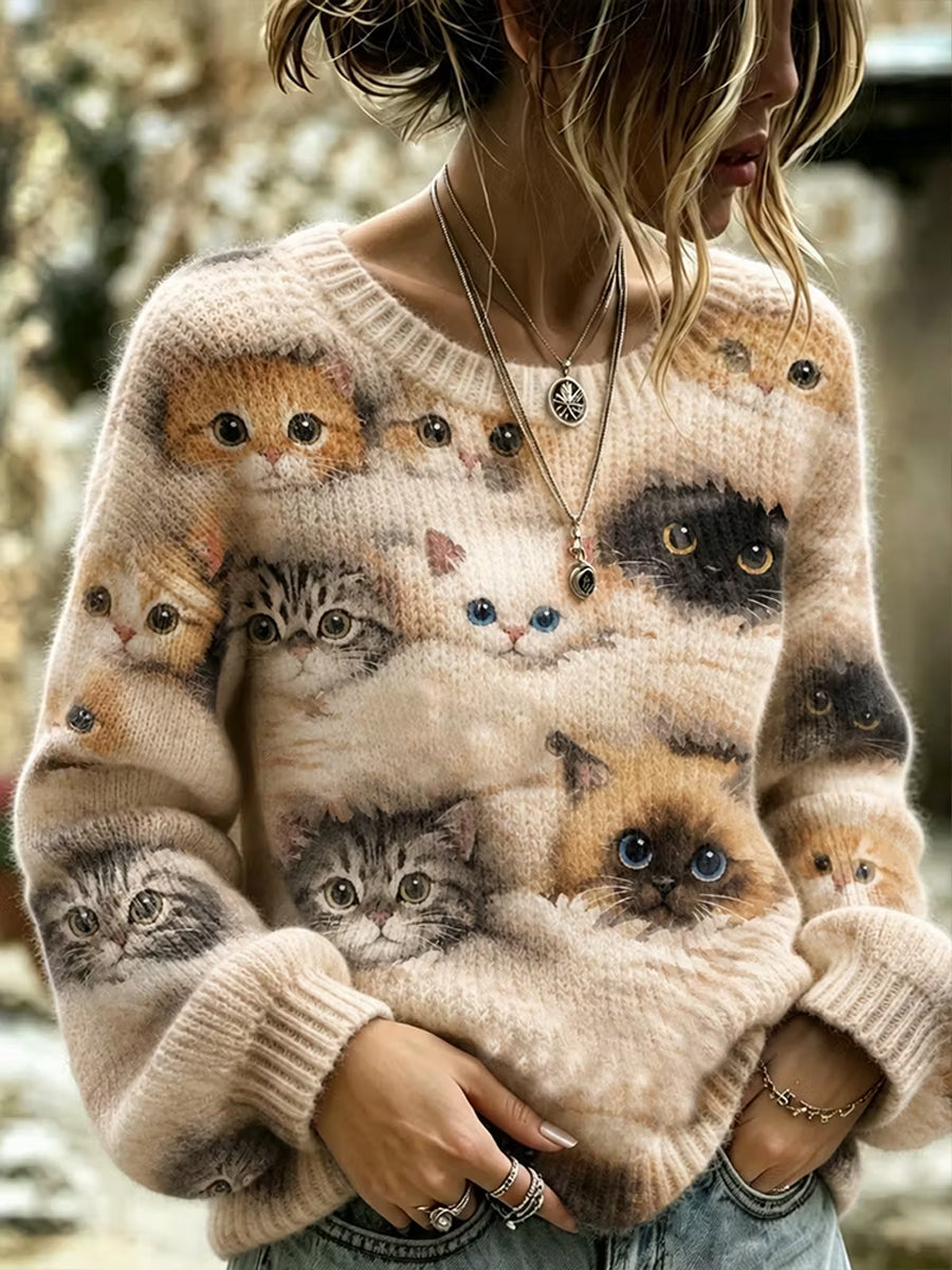 Women's Cute Colorful Cat Head Casual Round Neck Sweater