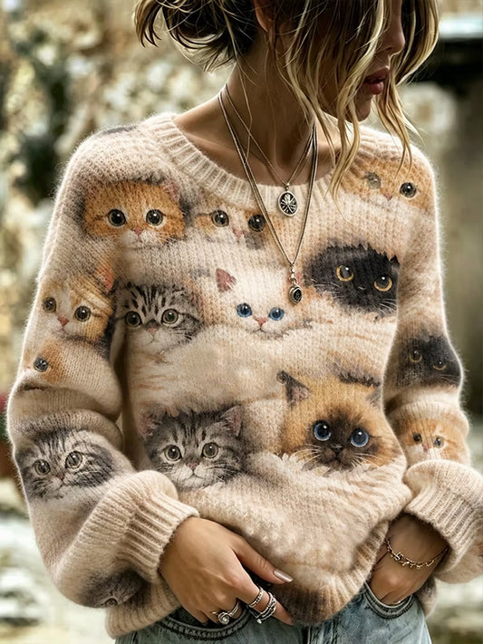 Women's Cute Colorful Cat Head Casual Round Neck Sweater