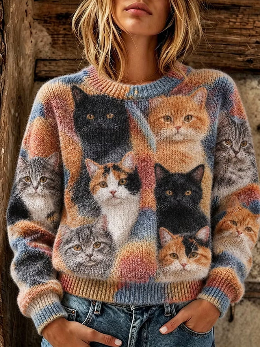 Women's Cute Colorful Cat Head Casual Round Neck Sweater