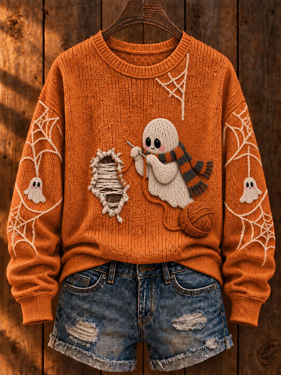 Women's Halloween "Ghost Mending Clothes" Art Print Casual Sweater