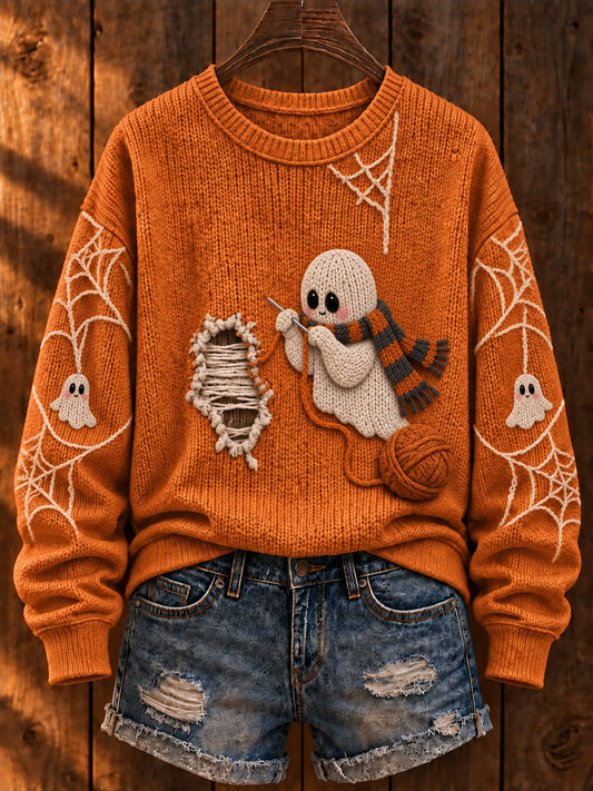 Women's Halloween "Ghost Mending Clothes" Art Print Casual Sweater