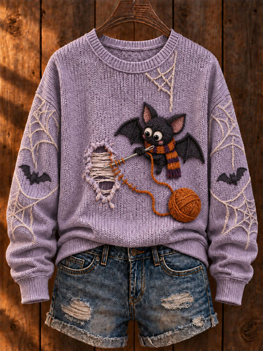 Women's Halloween "Bat Mending Clothes" Art Print Casual Sweater