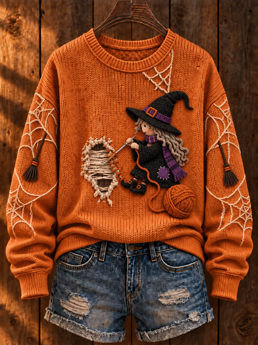Women's Halloween "Witch Mending Clothes" Art Print Casual Sweater