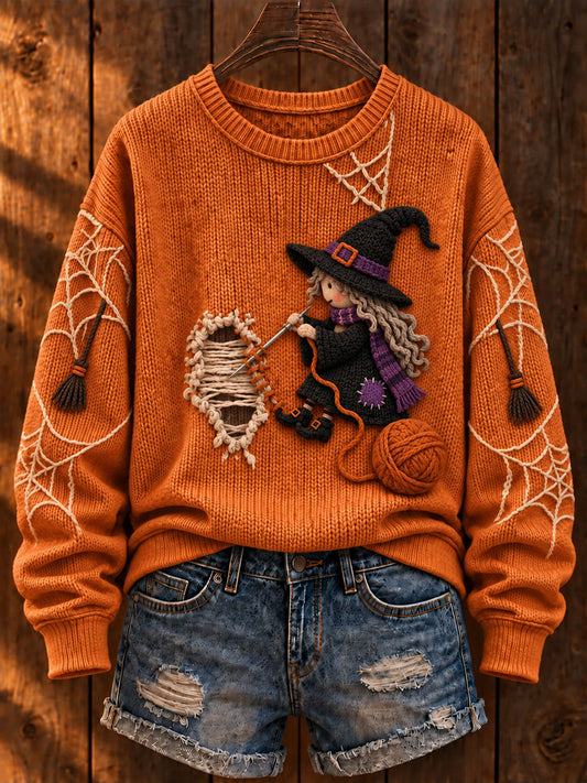 Women's Halloween "Witch Mending Clothes" Art Print Casual Sweater