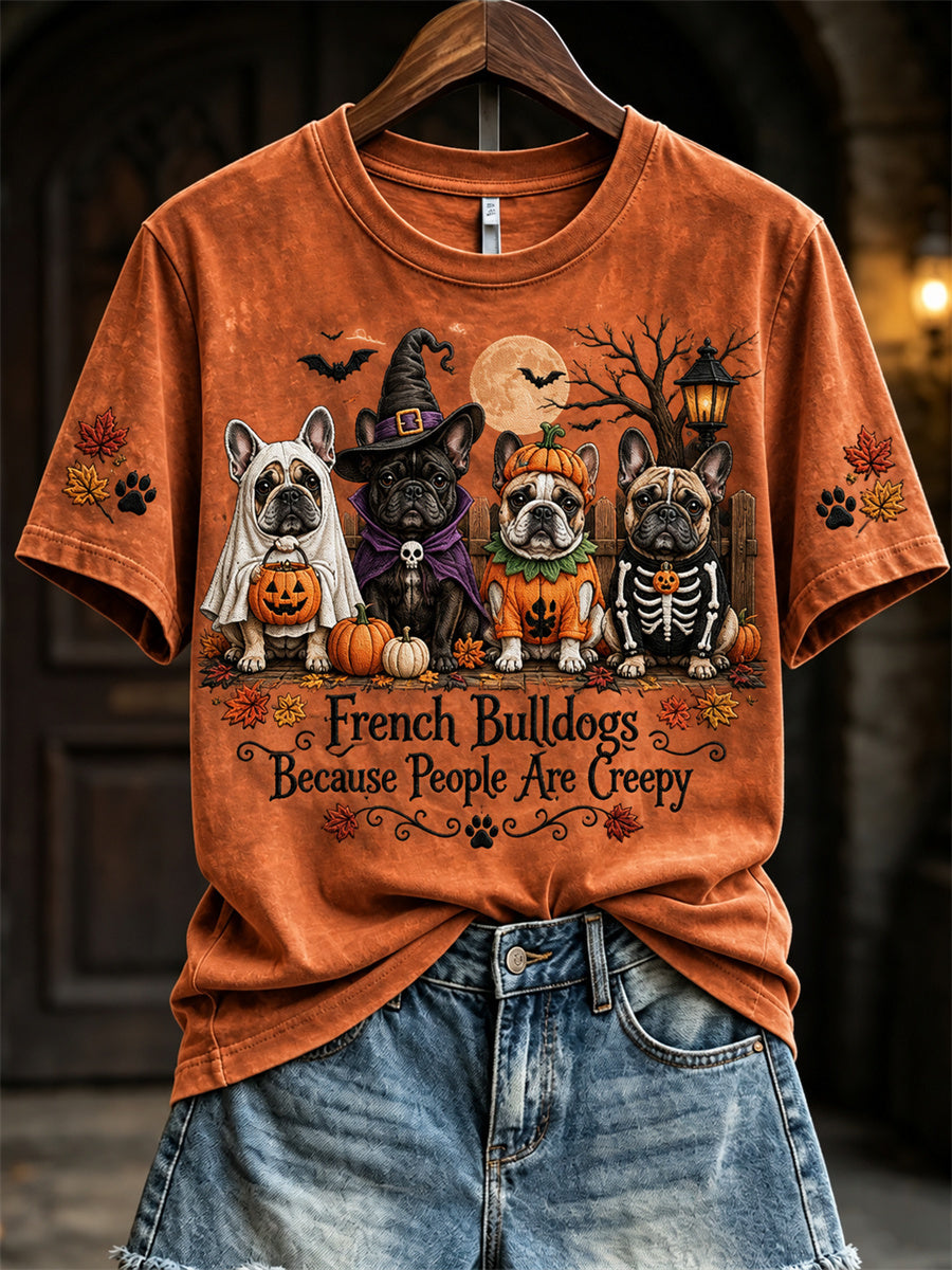 Women's French Because People Are Creepy Fall Halloween Dogs Print short-sleeved T-shirt