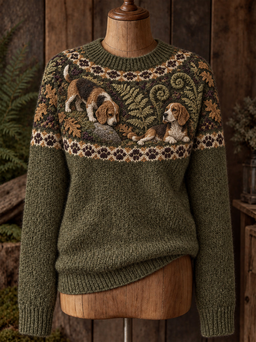 Women's Vintage-Style Animal Fair Isle Print Comfortable Crew-Neck Sweater