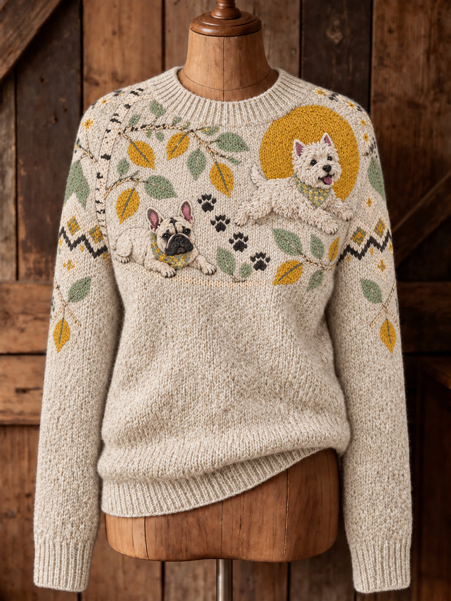 Women's Vintage-Style Animal Fair Isle Print Comfortable Crew-Neck Sweater