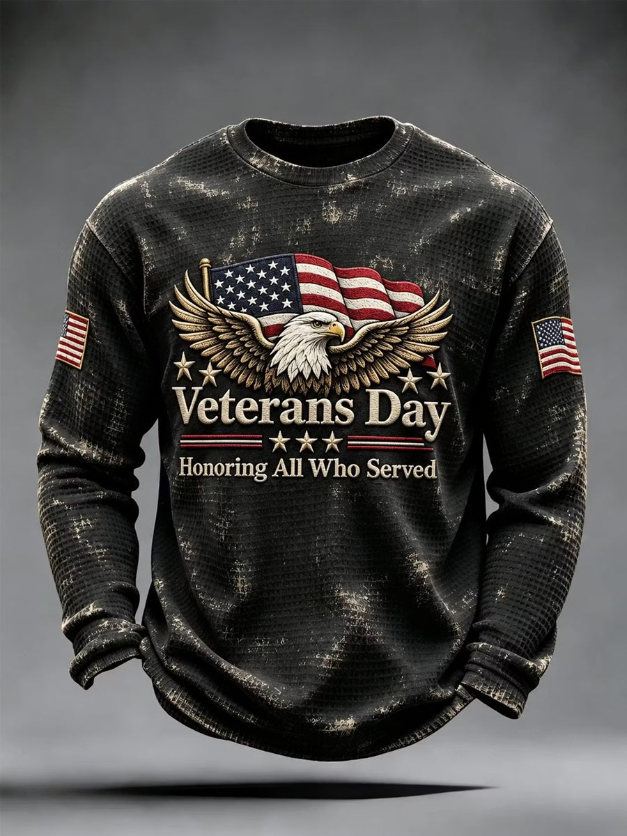 Men's Veterans Day Honoring All Who Served US Flag Print Casual Waffle Long Sleeve T-Shirt