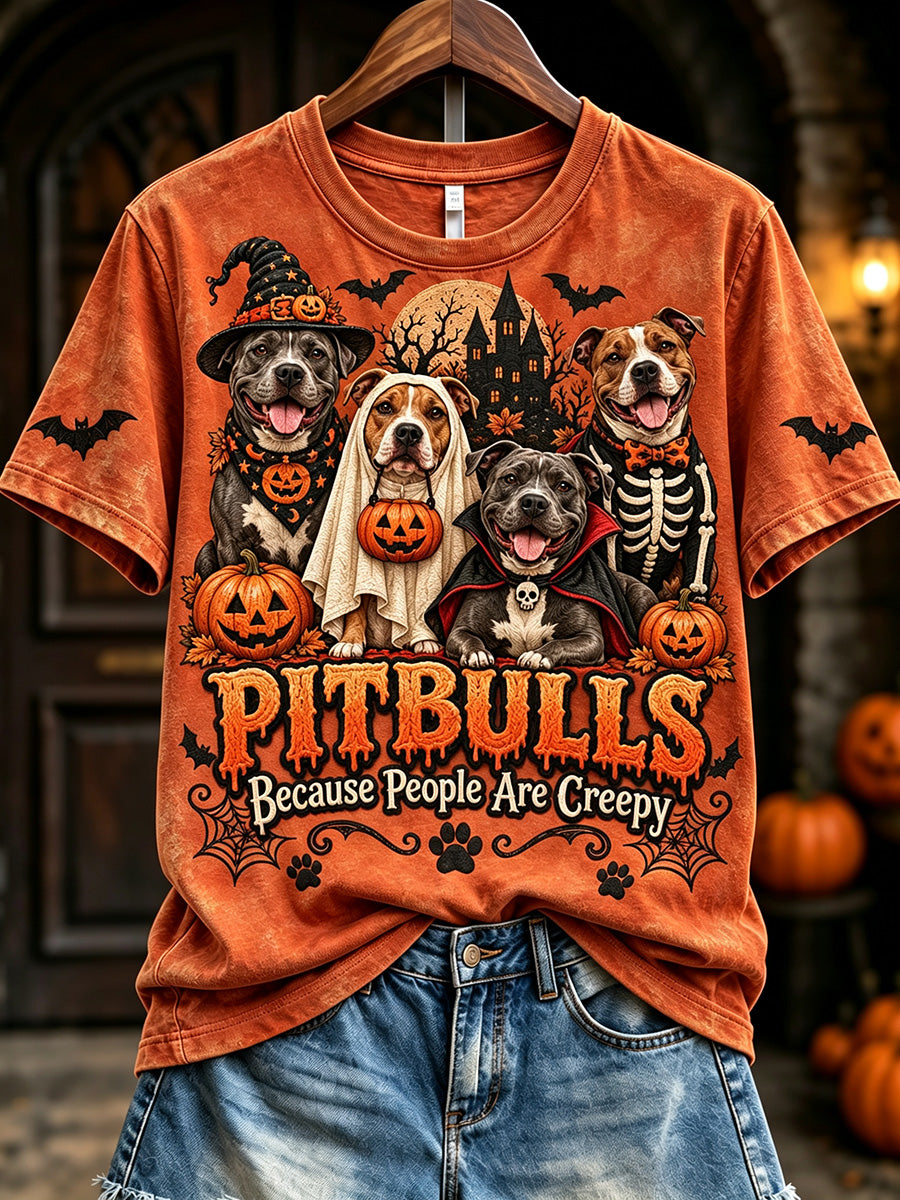 Women's Vintage Pitbulls Because People Are Creepy Halloween Print Short-sleeved T-shirt