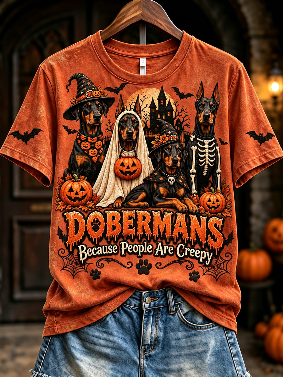 Women's Vintage Dobermans Because People Are Creepy Halloween Print Short-sleeved T-shirt