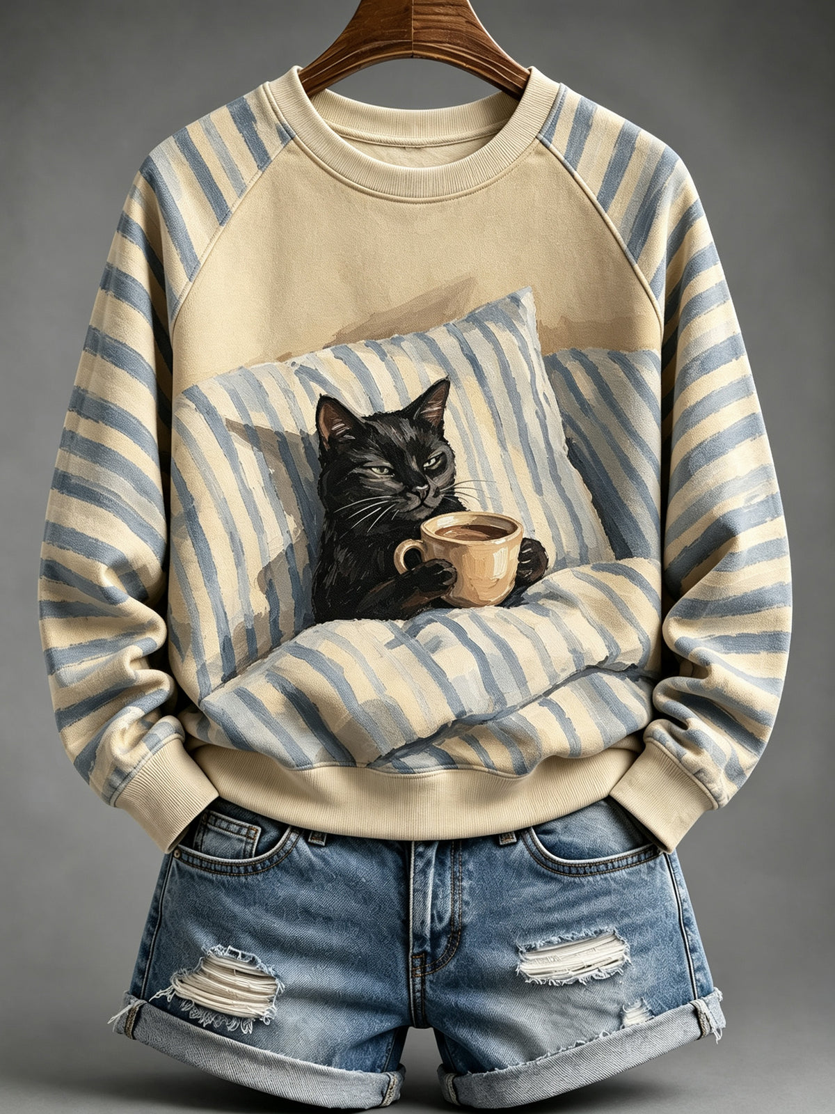Women's Vintage Black Cat with Coffee in Bed Print Raglan Sleeve Sweatshirt