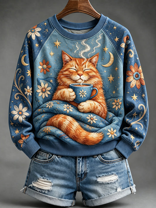Women's Vintage Cozy Cat with Hot Drink Print Raglan Sleeve Sweatshirt