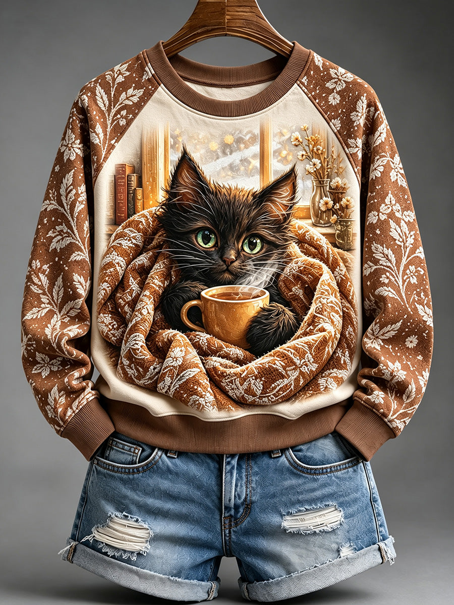 Women's Vintage Cozy Cat with Hot Drink Print Raglan Sleeve Sweatshirt