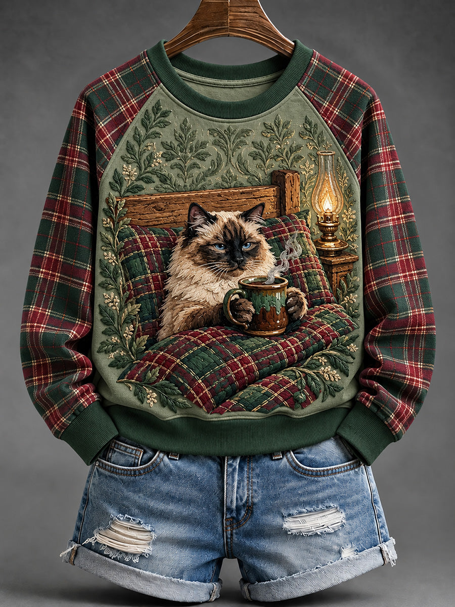 Women's Vintage Cozy Cat with Hot Drink Print Raglan Sleeve Sweatshirt